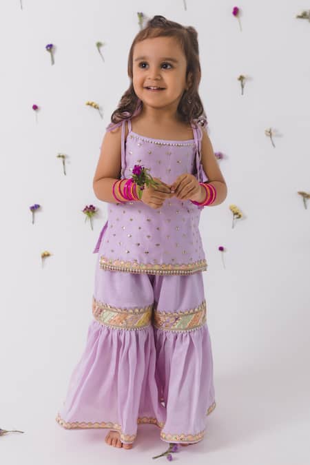 Buy Chotibuti Purple Silk, Cotton Lace, Sequins Butti Embellished Kurta Gharara Set Online at Aza Fashions Buy_Chotibuti_Purple Silk, Cotton Lace, Sequins Butti Embellished Kurta Gharara Set _Online_at_Aza_Fashions