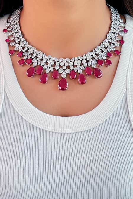 PRERTO Red Stones, Diamonds Daffodil Embellished Necklace Set