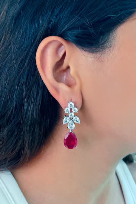 Shop PRERTO Red Stones, Diamonds Daffodil Embellished Necklace Set at Aza Fashions Shop_PRERTO_Red Stones, Diamonds Daffodil Embellished Necklace Set _at_Aza_Fashions