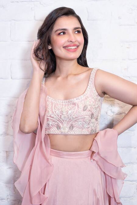 Shop Vasavi Shah Pink , Organza Embroidery, Sequins Round Neck Floral Lehenga Set Online at Aza Fashions Shop_Vasavi Shah_Pink , Organza Embroidery, Sequins Round Neck Floral Lehenga Set _Online_at_Aza_Fashions