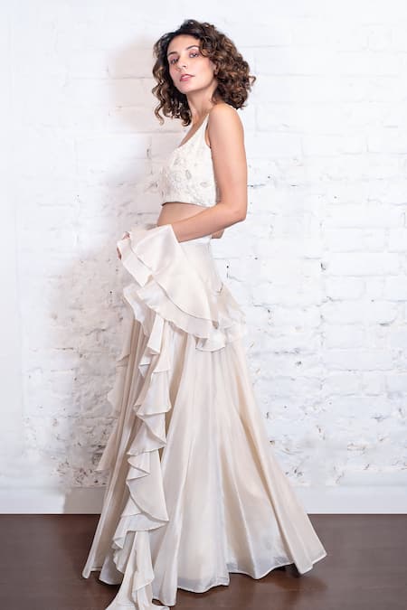 Vasavi Shah Ivory Tissue, , Organza Embroidery, Sequins Round Floral Lehenga Set Online at Aza Fashions Vasavi Shah_Ivory Tissue, , Organza Embroidery, Sequins Round Floral Lehenga Set _Online_at_Aza_Fashions