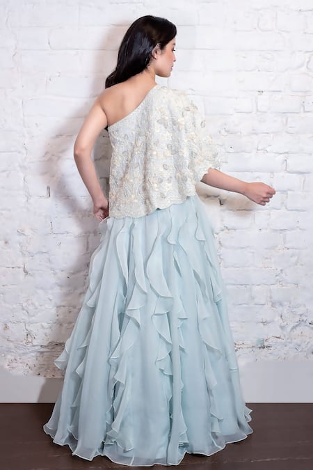 Shop Vasavi Shah Blue One Shoulder Floral Embroidered Cape And Lehenga at Aza Fashions Shop_Vasavi Shah_Blue One Shoulder Floral Embroidered Cape And Lehenga _at_Aza_Fashions