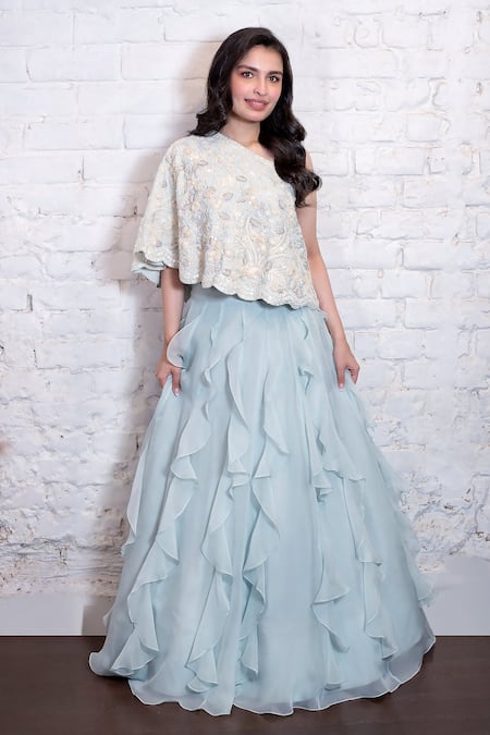 Vasavi Shah Blue One Shoulder Floral Embroidered Cape And Lehenga Online at Aza Fashions Vasavi Shah_Blue One Shoulder Floral Embroidered Cape And Lehenga _Online_at_Aza_Fashions