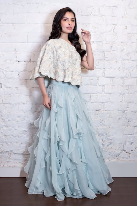 Buy Vasavi Shah Blue One Shoulder Floral Embroidered Cape And Lehenga Online at Aza Fashions Buy_Vasavi Shah_Blue One Shoulder Floral Embroidered Cape And Lehenga _Online_at_Aza_Fashions