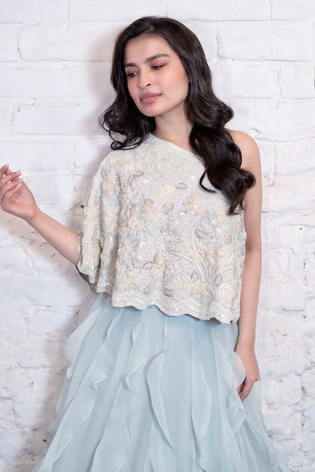 Shop Vasavi Shah Blue One Shoulder Floral Embroidered Cape And Lehenga Online at Aza Fashions Shop_Vasavi Shah_Blue One Shoulder Floral Embroidered Cape And Lehenga _Online_at_Aza_Fashions