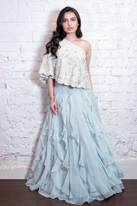 Vasavi Shah Blue One Shoulder Floral Embroidered Cape And Lehenga at Aza Fashions Vasavi Shah_Blue One Shoulder Floral Embroidered Cape And Lehenga _at_Aza_Fashions