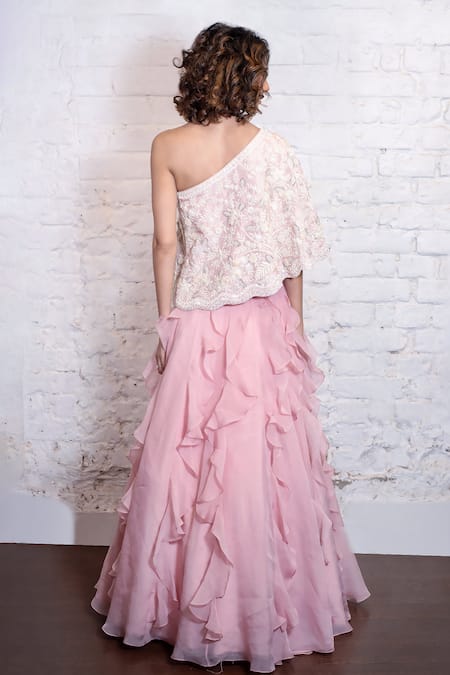 Shop Vasavi Shah Pink Silk Organza Ruffles One-shoulder Embroidered Cape And Lehenga Set at Aza Fashions Shop_Vasavi Shah_Pink Silk Organza Ruffles One-shoulder Embroidered Cape And Lehenga Set _at_Aza_Fashions