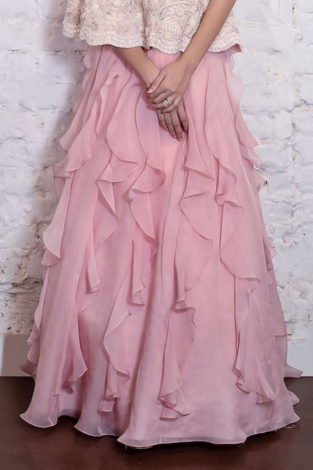 Vasavi Shah Pink Silk Organza Ruffles One-shoulder Embroidered Cape And Lehenga Set Online at Aza Fashions Vasavi Shah_Pink Silk Organza Ruffles One-shoulder Embroidered Cape And Lehenga Set _Online_at_Aza_Fashions