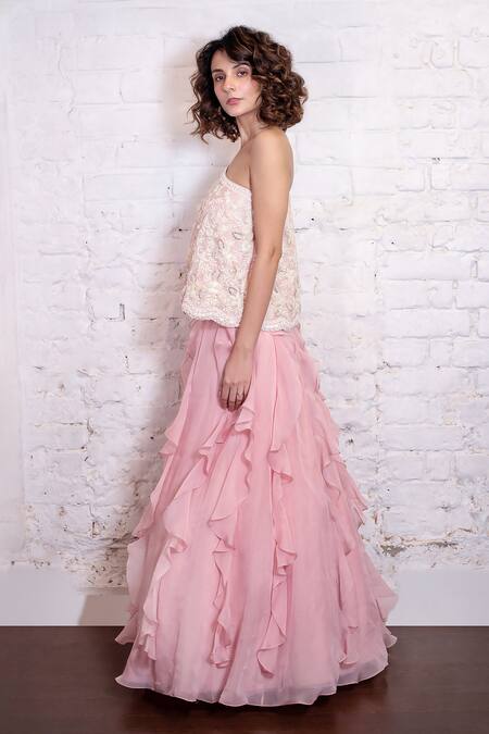 Buy Vasavi Shah Pink Silk Organza Ruffles One-shoulder Embroidered Cape And Lehenga Set Online at Aza Fashions Buy_Vasavi Shah_Pink Silk Organza Ruffles One-shoulder Embroidered Cape And Lehenga Set _Online_at_Aza_Fashions