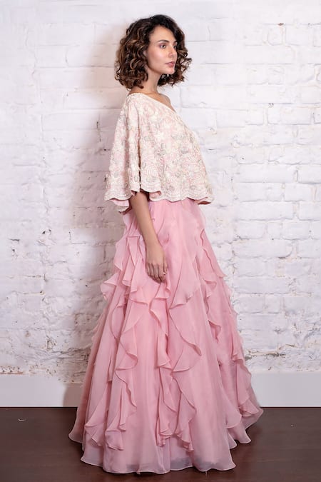 Shop Vasavi Shah Pink Silk Organza Ruffles One-shoulder Embroidered Cape And Lehenga Set Online at Aza Fashions Shop_Vasavi Shah_Pink Silk Organza Ruffles One-shoulder Embroidered Cape And Lehenga Set _Online_at_Aza_Fashions