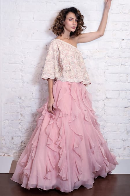 Vasavi Shah Pink Silk Organza Ruffles One-shoulder Embroidered Cape And Lehenga Set at Aza Fashions Vasavi Shah_Pink Silk Organza Ruffles One-shoulder Embroidered Cape And Lehenga Set _at_Aza_Fashions