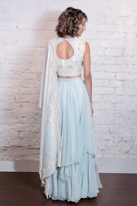 Shop Vasavi Shah Blue , Organza Sequins, Embroidery, Diamonds Blouse Layered Lehenga Set at Aza Fashions Shop_Vasavi Shah_Blue , Organza Sequins, Embroidery, Diamonds Blouse Layered Lehenga Set _at_Aza_Fashions