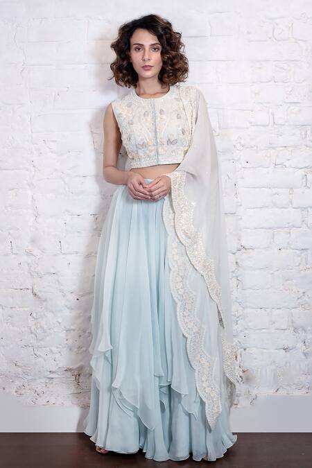 Vasavi Shah Blue , Organza Sequins, Embroidery, Diamonds Blouse Layered Lehenga Set Online at Aza Fashions Vasavi Shah_Blue , Organza Sequins, Embroidery, Diamonds Blouse Layered Lehenga Set _Online_at_Aza_Fashions