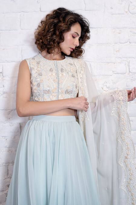 Shop Vasavi Shah Blue , Organza Sequins, Embroidery, Diamonds Blouse Layered Lehenga Set Online at Aza Fashions Shop_Vasavi Shah_Blue , Organza Sequins, Embroidery, Diamonds Blouse Layered Lehenga Set _Online_at_Aza_Fashions