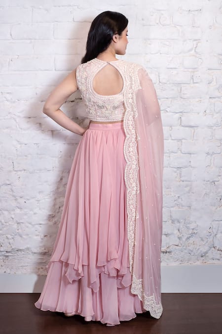 Shop Vasavi Shah Pink , Organza Embroidery, Sequins Round Floral Blouse Lehenga Set at Aza Fashions Shop_Vasavi Shah_Pink , Organza Embroidery, Sequins Round Floral Blouse Lehenga Set _at_Aza_Fashions