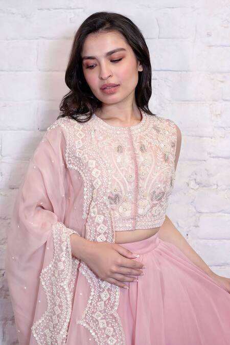Shop Vasavi Shah Pink , Organza Embroidery, Sequins Round Floral Blouse Lehenga Set Online at Aza Fashions Shop_Vasavi Shah_Pink , Organza Embroidery, Sequins Round Floral Blouse Lehenga Set _Online_at_Aza_Fashions