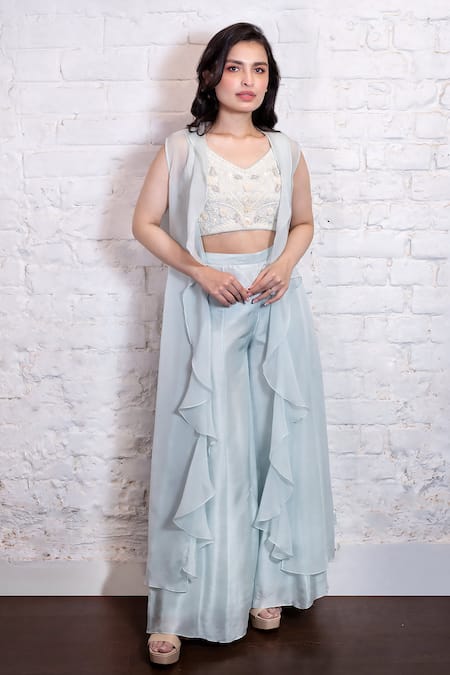 Vasavi Shah_Blue , Organza Embroidery, Ruffles, Sequins V-neck, Jacket Palazzo Set _Online_at_Aza_Fashions