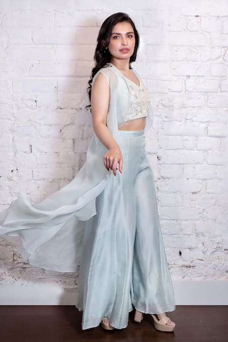 Pale Blue Mirror work with Long Over Coat Crop Top Palazzo Set – Seasons  Chennai