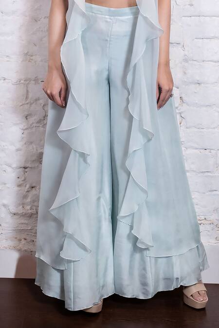 Shop_Vasavi Shah_Blue , Organza Embroidery, Ruffles, Sequins V-neck, Jacket Palazzo Set _Online_at_Aza_Fashions