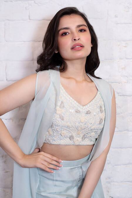 Vasavi Shah_Blue , Organza Embroidery, Ruffles, Sequins V-neck, Jacket Palazzo Set _at_Aza_Fashions