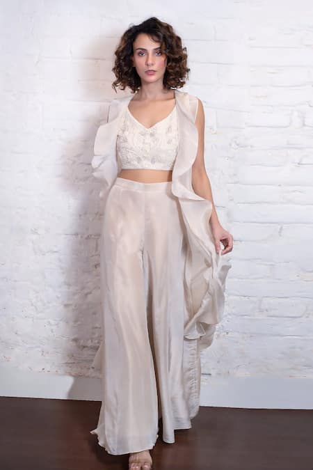 Buy Vasavi Shah Ivory , Organza Sequins, Embroidery V-, Open Jacket Pant Set Online at Aza Fashions Buy_Vasavi Shah_Ivory , Organza Sequins, Embroidery V-, Open Jacket Pant Set _Online_at_Aza_Fashions