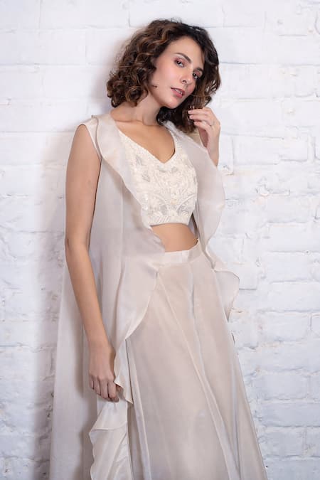 Shop Vasavi Shah Ivory , Organza Sequins, Embroidery V-, Open Jacket Pant Set Online at Aza Fashions Shop_Vasavi Shah_Ivory , Organza Sequins, Embroidery V-, Open Jacket Pant Set _Online_at_Aza_Fashions