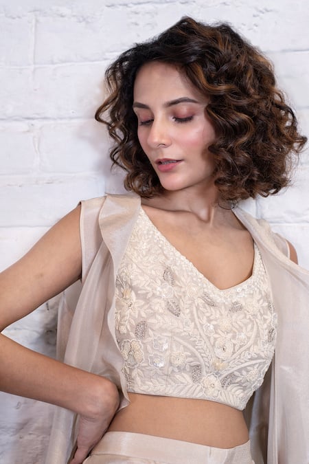 Vasavi Shah Ivory , Organza Sequins, Embroidery V-, Open Jacket Pant Set at Aza Fashions Vasavi Shah_Ivory , Organza Sequins, Embroidery V-, Open Jacket Pant Set _at_Aza_Fashions