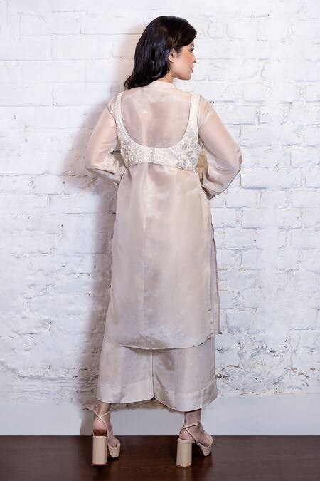 Shop_Vasavi Shah_Ivory Silk, Tissue Sequins, Embroidery Collared, Shawl Shirt Kurta And Pant Set _at_Aza_Fashions