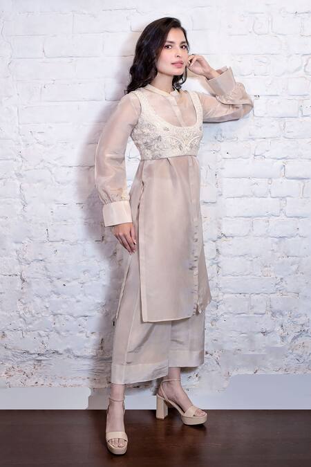 Shop_Vasavi Shah_Ivory Silk, Tissue Sequins, Embroidery Collared, Shawl Shirt Kurta And Pant Set _Online_at_Aza_Fashions