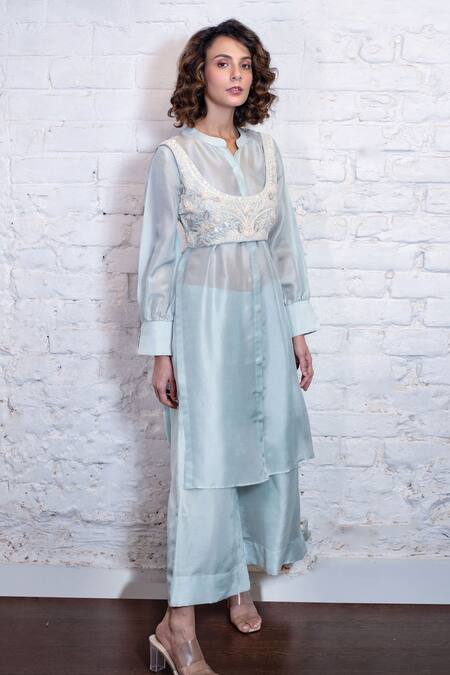 Vasavi Shah Blue , Organza Embroidery, Sequins Collared Crop Top Shirt Kurta Set Online at Aza Fashions Vasavi Shah_Blue , Organza Embroidery, Sequins Collared Crop Top Shirt Kurta Set _Online_at_Aza_Fashions