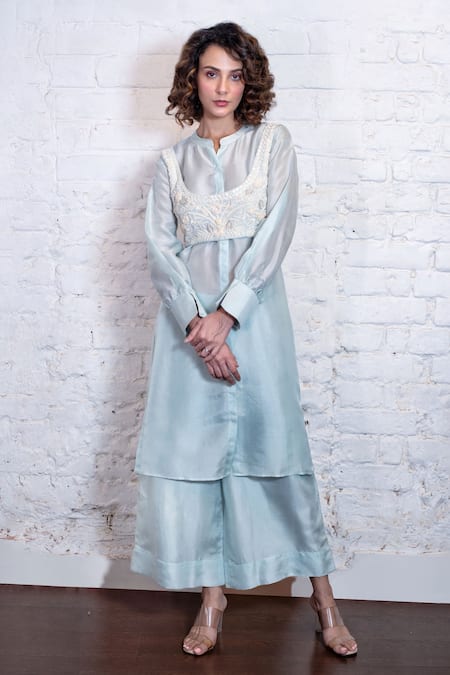 Buy Vasavi Shah Blue , Organza Embroidery, Sequins Collared Crop Top Shirt Kurta Set Online at Aza Fashions Buy_Vasavi Shah_Blue , Organza Embroidery, Sequins Collared Crop Top Shirt Kurta Set _Online_at_Aza_Fashions