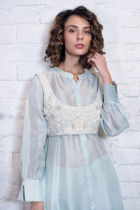 Vasavi Shah Blue , Organza Embroidery, Sequins Collared Crop Top Shirt Kurta Set at Aza Fashions Vasavi Shah_Blue , Organza Embroidery, Sequins Collared Crop Top Shirt Kurta Set _at_Aza_Fashions