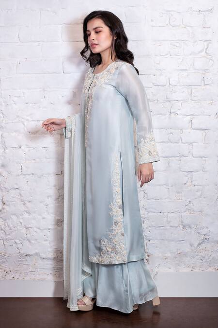 Vasavi Shah Blue , Organza Sequins, Embroidery Round Neck Floral Kurta Pant Set Online at Aza Fashions Vasavi Shah_Blue , Organza Sequins, Embroidery Round Neck Floral Kurta Pant Set _Online_at_Aza_Fashions