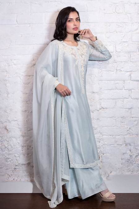 Buy Vasavi Shah Blue , Organza Sequins, Embroidery Round Neck Floral Kurta Pant Set Online at Aza Fashions Buy_Vasavi Shah_Blue , Organza Sequins, Embroidery Round Neck Floral Kurta Pant Set _Online_at_Aza_Fashions
