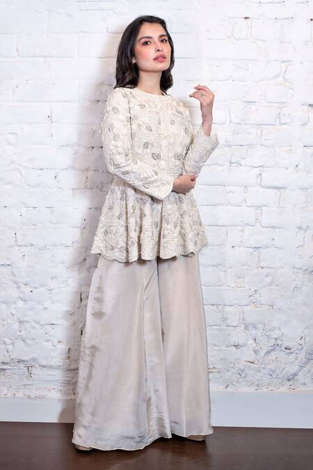 Vasavi Shah_Ivory Silk, Tissue Embroidery Round Neck Peplum Kurta And Pant Set _Online_at_Aza_Fashions