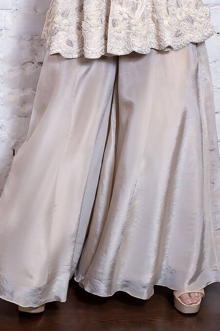 Buy_Vasavi Shah_Ivory Silk, Tissue Embroidery Round Neck Peplum Kurta And Pant Set _Online_at_Aza_Fashions