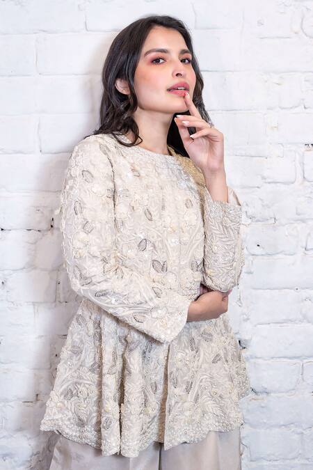 Shop_Vasavi Shah_Ivory Silk, Tissue Embroidery Round Neck Peplum Kurta And Pant Set _Online_at_Aza_Fashions