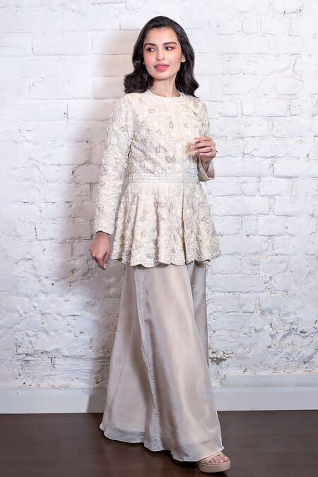 Vasavi Shah_Ivory Silk, Tissue Embroidery Round Neck Peplum Kurta And Pant Set _at_Aza_Fashions
