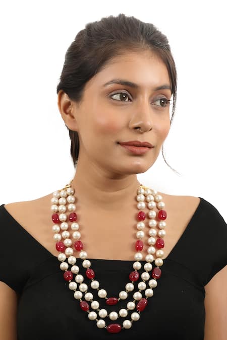 Riana Jewellery Pearls & Ruby Studded Long Necklace 