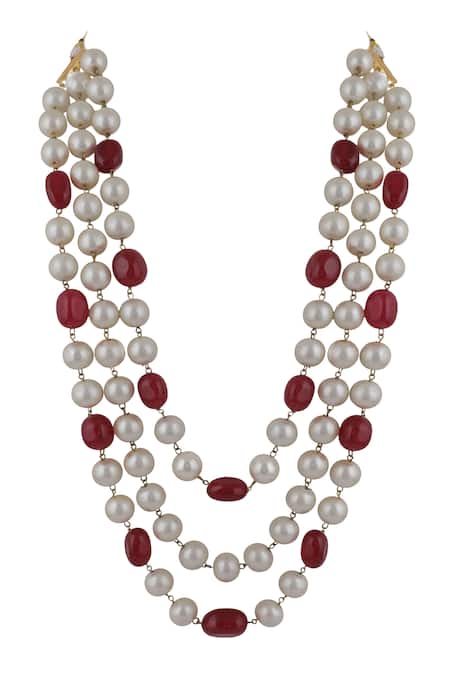 Shop Riana Jewellery White Pearls And Ruby Studded Long Necklace at Aza Fashions Shop_Riana Jewellery_White Pearls And Ruby Studded Long Necklace _at_Aza_Fashions