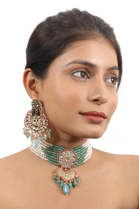 Riana Jewellery Embellished Chandbali Pendant Drop Choker Set 