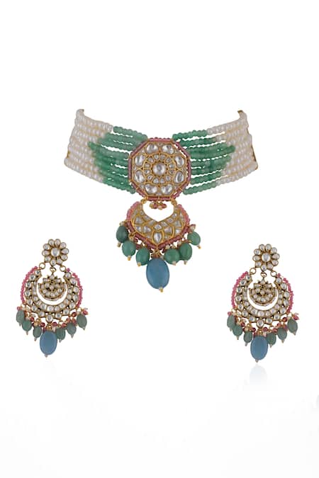 Riana Jewellery Embellished Chandbali Pendant Drop Choker Set 