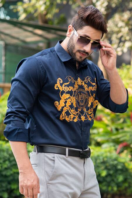 Avalipt_Blue Cotton Blend Hand Painted Alexander Shirt_Online_at_Aza_Fashions