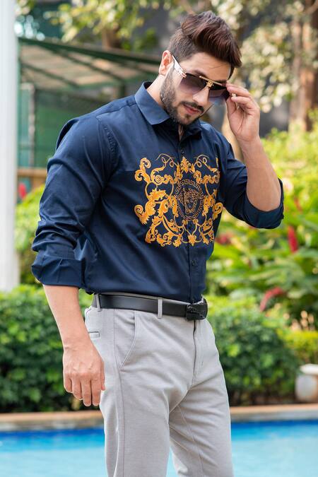 Buy_Avalipt_Blue Cotton Blend Hand Painted Alexander Shirt_Online_at_Aza_Fashions