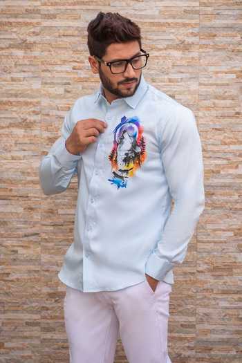 Avalipt_Blue Cotton Blend Hand Painted Night Wolf Shirt_Online_at_Aza_Fashions
