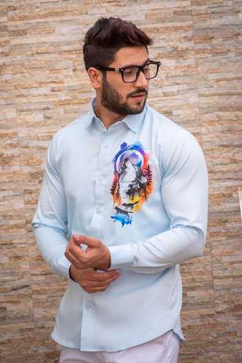 Shop_Avalipt_Blue Cotton Blend Hand Painted Night Wolf Shirt_Online_at_Aza_Fashions