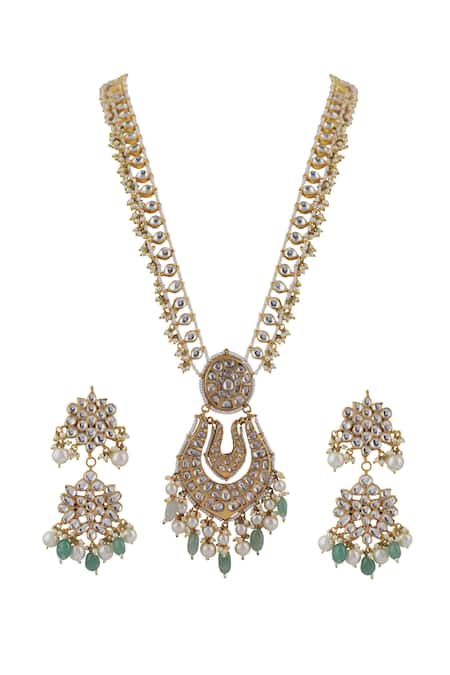 Shop Riana Jewellery White Pearls, Diamonds Jadtar Pendant Long Necklace Set at Aza Fashions Shop_Riana Jewellery_White Pearls, Diamonds Jadtar Pendant Long Necklace Set _at_Aza_Fashions