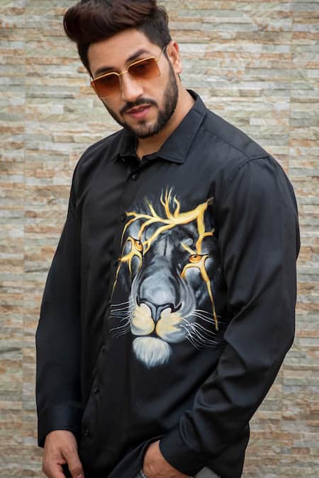 Buy_Avalipt_Black Cotton Blend Hand Painted Leo Shirt_Online_at_Aza_Fashions
