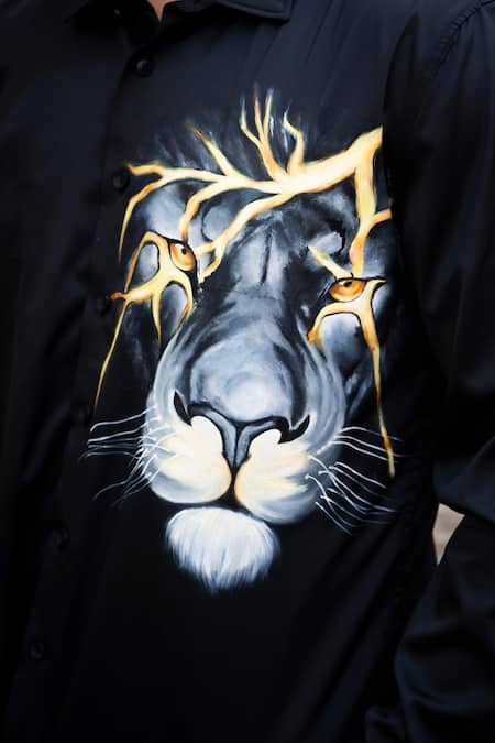 Shop_Avalipt_Black Cotton Blend Hand Painted Leo Shirt_Online_at_Aza_Fashions