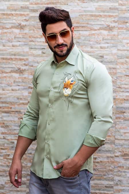 Buy Avalipt Green Cotton Blend Hand Painted Linear Lion Shirt at Aza Fashions Buy_Avalipt_Green Cotton Blend Hand Painted Linear Lion Shirt_at_Aza_Fashions
